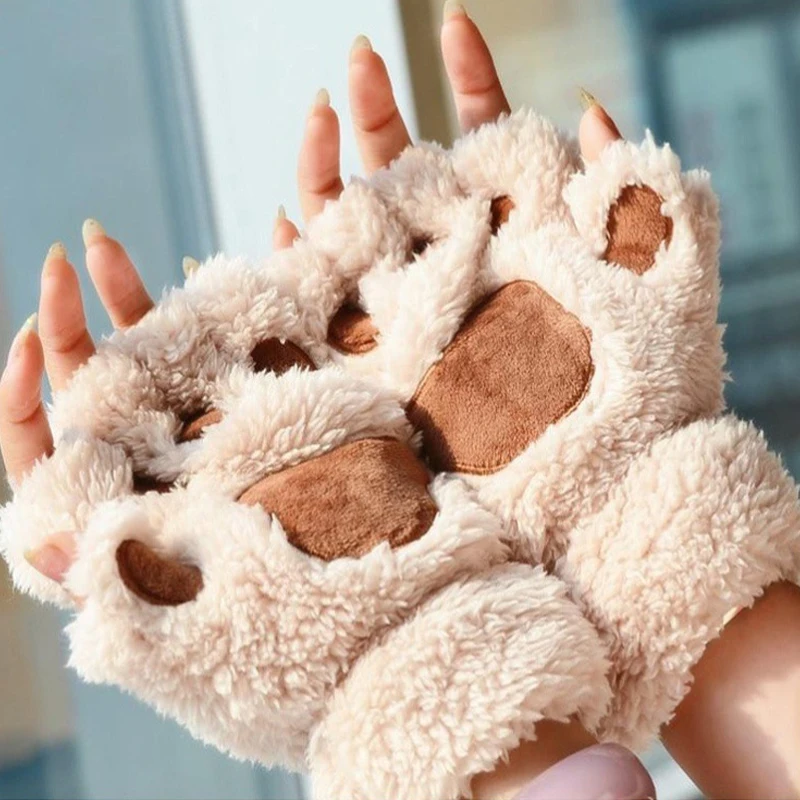 

Fashion Women Cat Gloves Fashion Girls Cat Claw Paw Plush Mittens Warm Soft Plush Short Fingerless Half Finger Winter Gloves