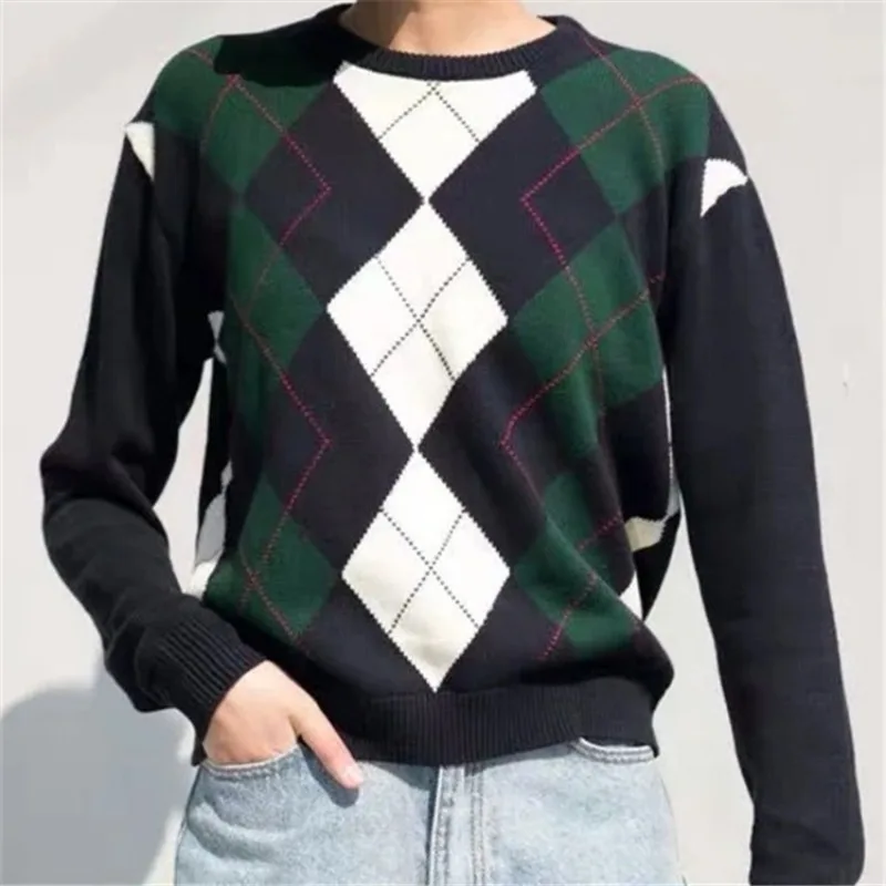 Argyle Sweaters women Cottagecore Knit Pullovers Fashion O Neck Slim Casual Jumpers Y2k Indie Spring Autumn New Long Sleeve Tops