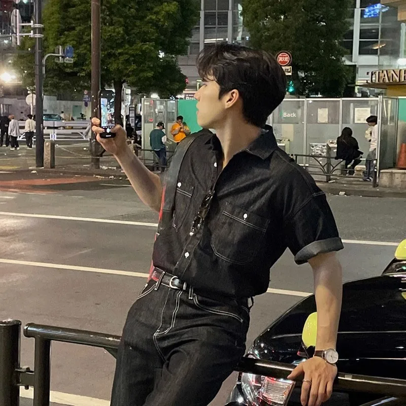 Bla ort Sve Denim irt Vintage Waed Loose Fit Summer New Sle for Men Korean Sle Pointed Collar Button Detail