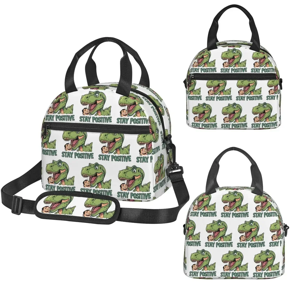 Stay Positive Funny T-Rex Dinosaur Sticker Insulated Lunch Bag for Women Kids Leakproof Food Boxes Thermal Lunch Box Tote