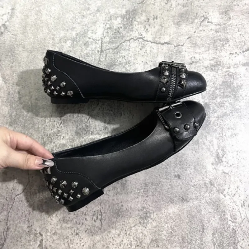 Vintage Gothic Rivet Mary Jane Women's Shoes Double Buckle Flat Ballet Shoes for Women Comfortable Single Shoes Zapatos De Mujer