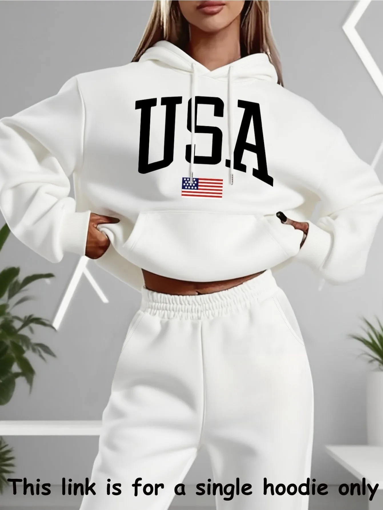 Women's White Cropped Hoodie, USA Letter Graphic Pullover Sweatshirt, Long Sleeve Hooded Top with Drawstring, Loose Fit Casual Streetwear Hoodie for Daily Wear, Lounge, Outdoor and Casual Styling,: