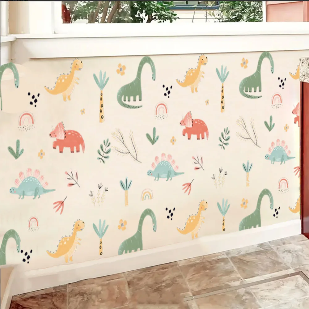 Watercolor Funny Dinosaur Cactus Wall Decals, Cartoon Cute Dino Playing Cacti Wall Stickers  Playroom Home Decor