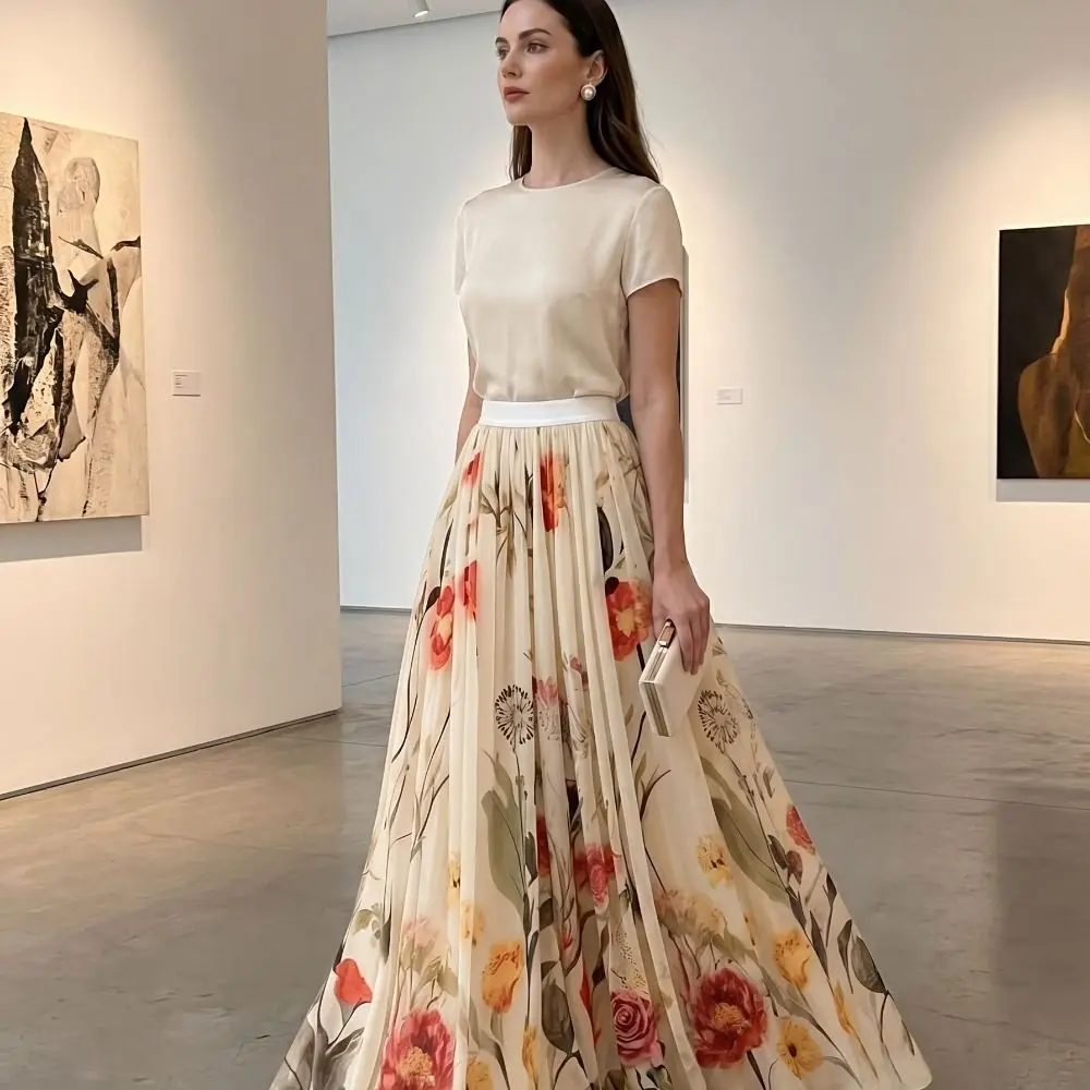 

Retro Elastic Waist Women Printed A-line Skirt Mesh Overlay Pleated Long Skirt Flower Embroidery High Waist Skirts Daily Wear