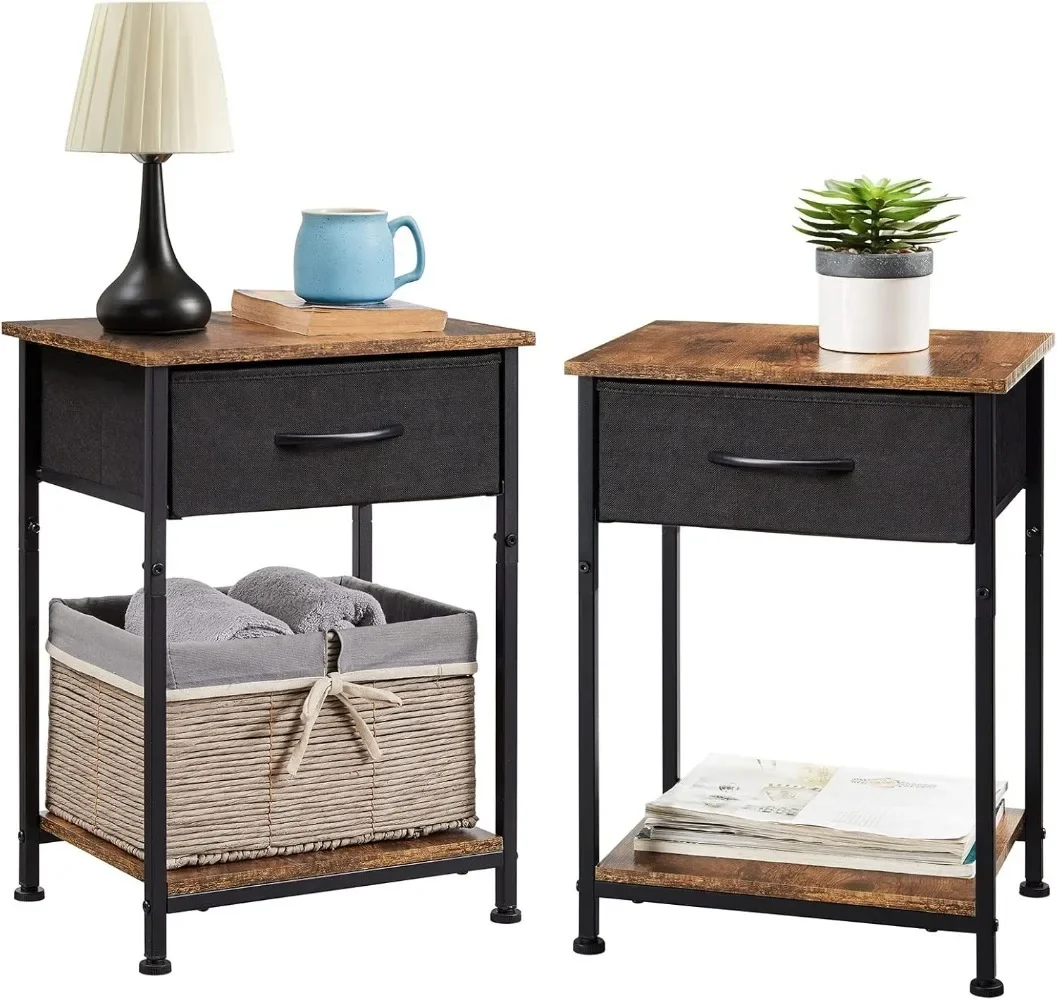 

Bedside Table End Table for Bedroom Nursery Living Room - Removable Fabric Drawer, Open Storage Shelf, Sturdy Steel Frame