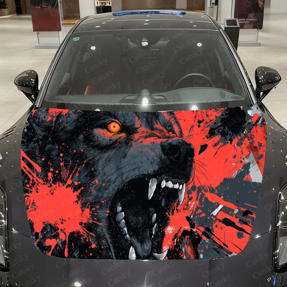 

Red Ink Fierce Wolf Scarlet-Eyed Car Vinyl Wrap, PVC Material Waterproof Car Hood Sticker, Self-Adhesive Scratch-Resistant Stick