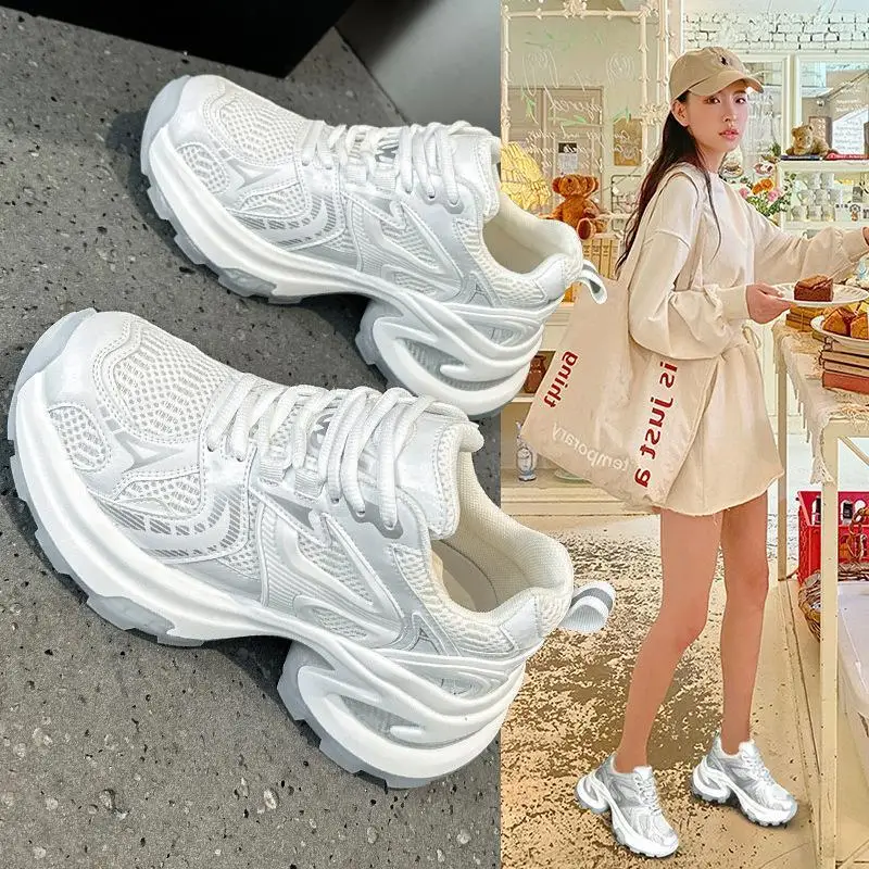 

Cool Silver Thick Bottom Dad Shoes Women's Mesh Leather Sport Shoes Korean Style round Toe Flat Heel Casual Footwear