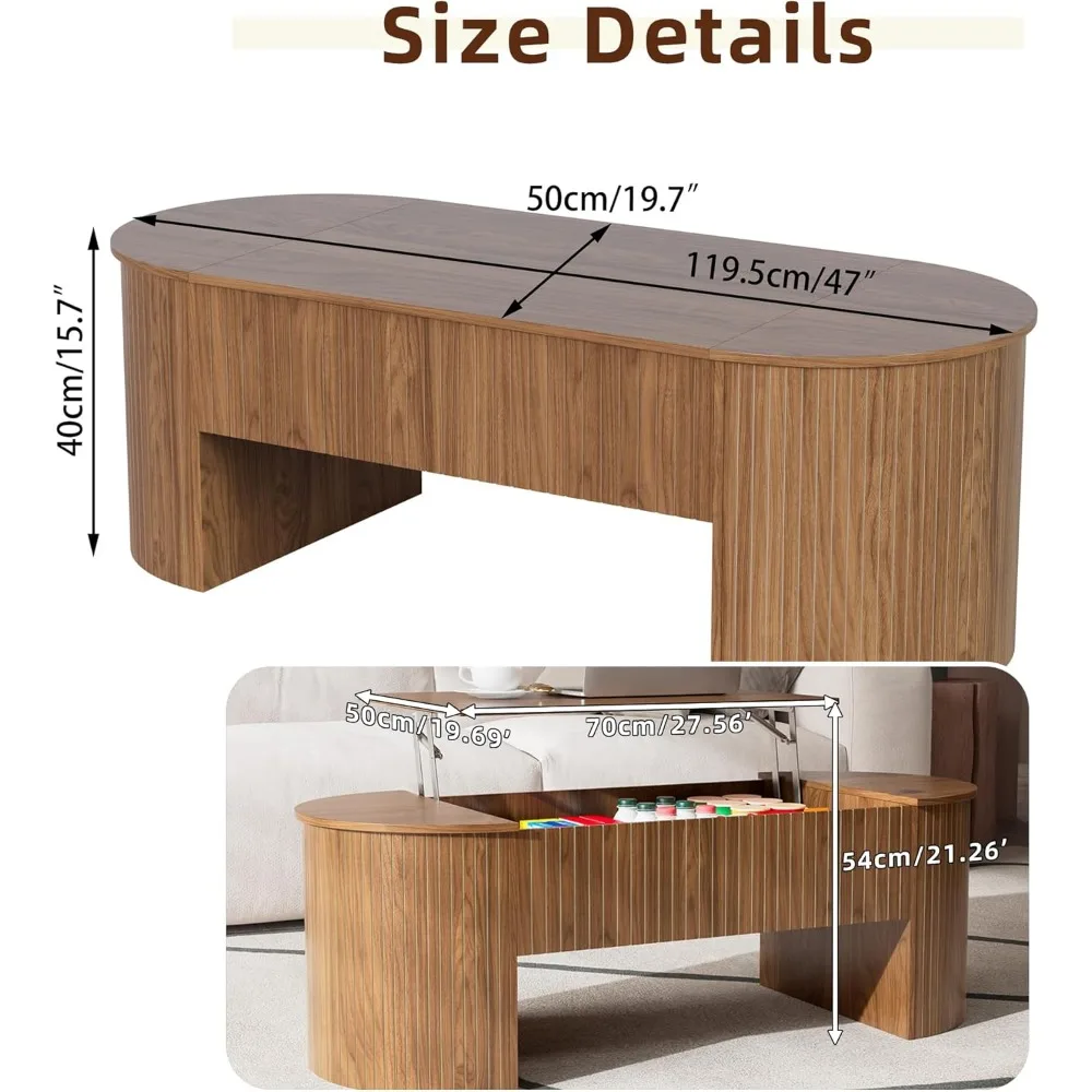 숨겨진 수납 공간이 있는 리프트 탑 커피 테이블, 거실용 리프트 탁상이 있는 타원형 미드 센추리 모던 커피 테이블,