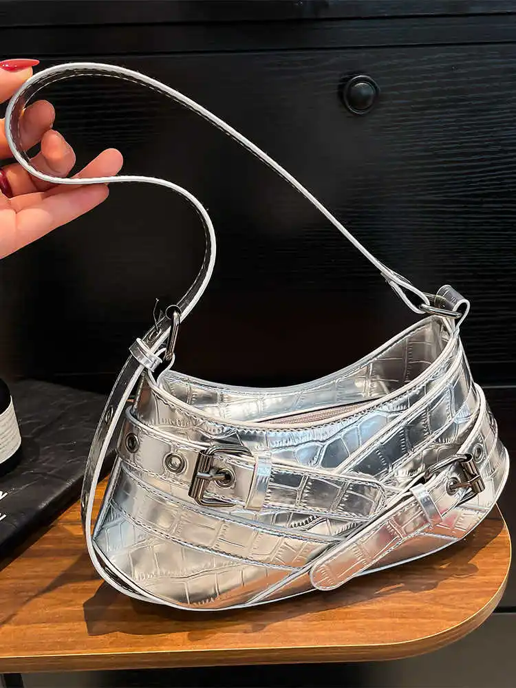 

Women Moto&Biker PU Underarm Bag Solid Color Button Zipper Shoulder Bags French Casual Fashion Female Dumpling Handbag