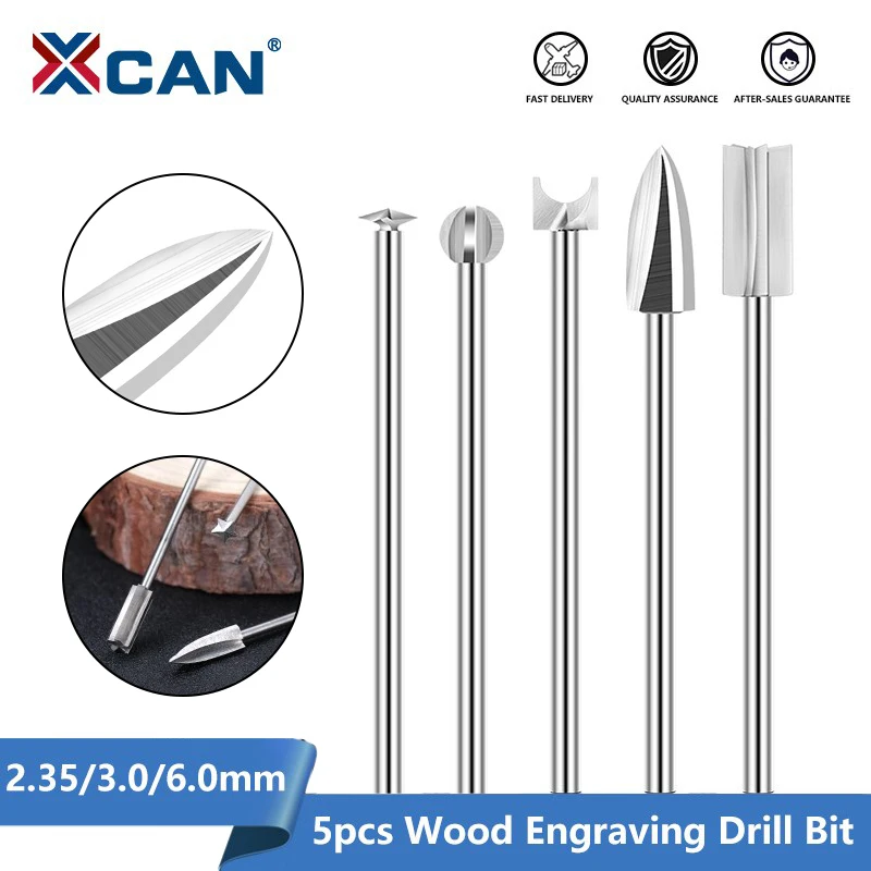 XCAN Wood Engraving Drill Bit 5pcs 2.35/3.0/6.0mm Shank Milling Cutter Electric Carving Set Tools Polishing Carving Hand Tools