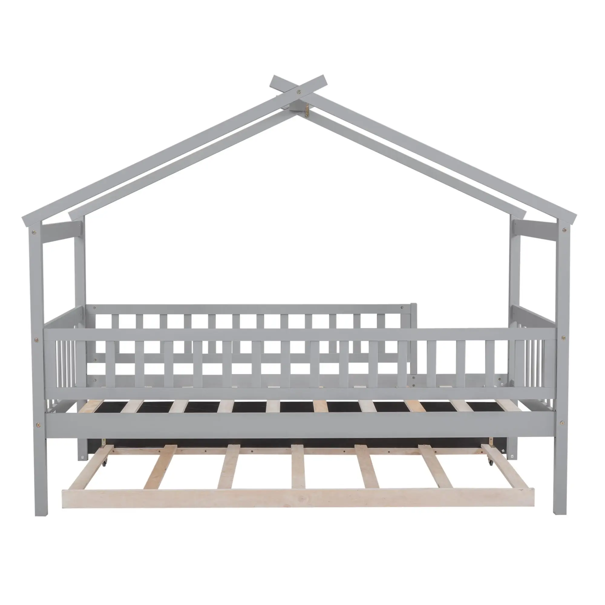 Gray Twin Size Wooden House Bed with Trundle for Kids - Space-Saving Design