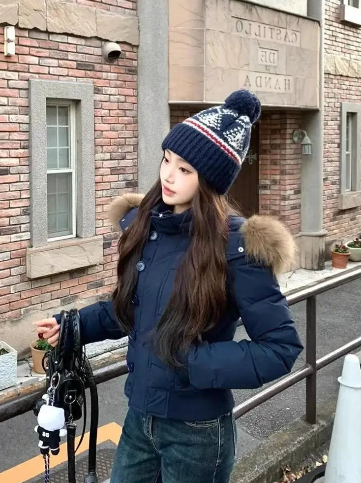 Thick Hooded Winter Jacket, Women‘s Short Single Breasted Coat, Korean 2025 New Long Sleeve Puffer, Blue Casual Chic