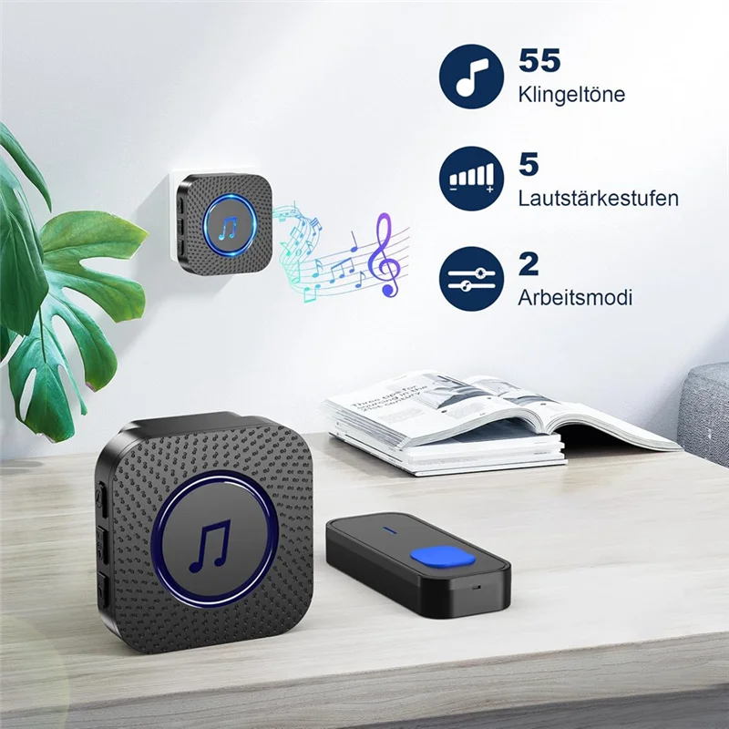 

ABVO-Wireless Doorbell Kit IP55 Waterproof Wireless Doorbell 1300 FT/400M Remote Doorbell 55 Chimes 5 Volume,For Home Classroom