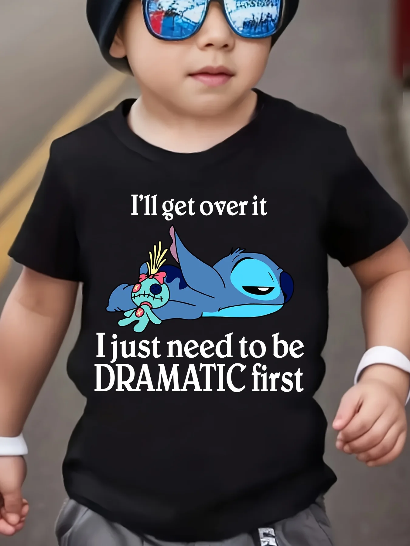 

Disney Lilo & Stitch Crew T-Shirt for Youngsters Black Cute Cartoon Graphic Tee Soft Round Neck Summer Top for Boys & Girls