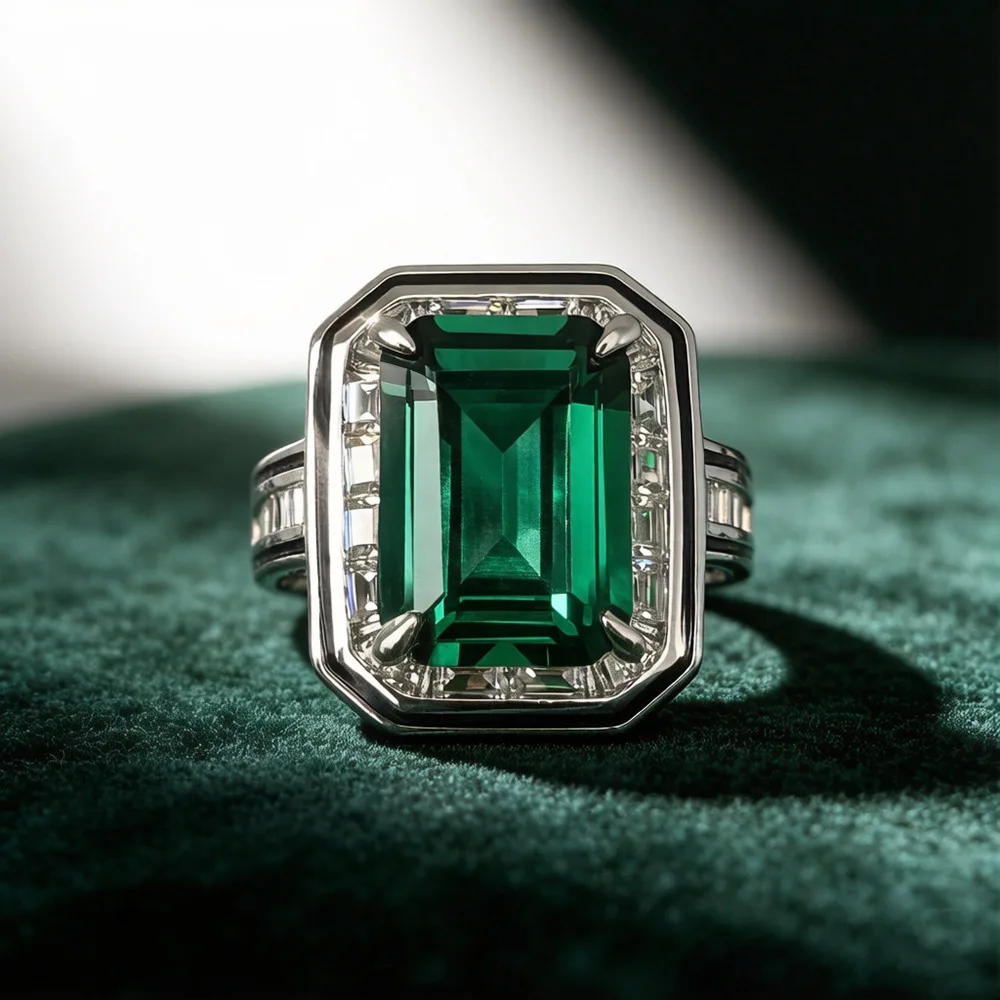 Classical Emerald High Carbon Diamond Rings 100% s925 Sterling Silver 10*14mm Gemstone Wedding Ring Fine Jewelry