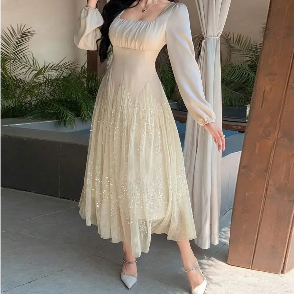 

Customized A-line Evening Dresses Tea-length Square Collar Full Sleeve Prom Gown Simple Fashion Sequined Draped Party Gown