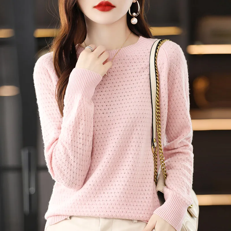 

YSC2024 Women's Classic Pure Wool Seamless Round Neck Hollow Pullover Long Sleeve High Quality Warm Knitted Sweater