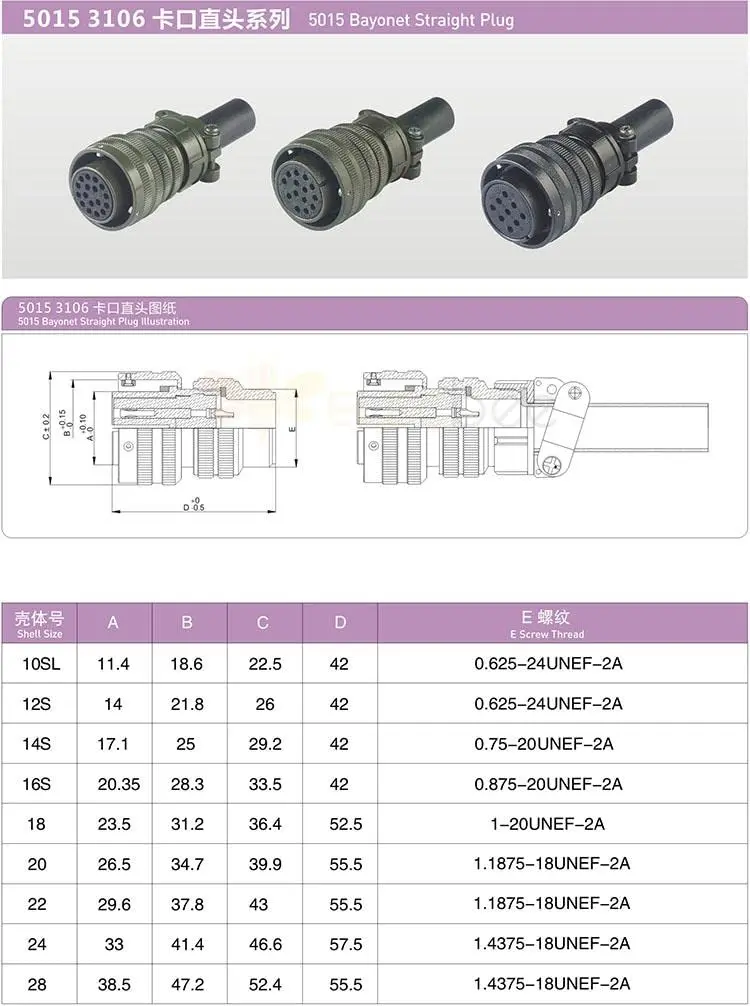 Bayonet Series MS3106A14S-6 Male Plug & MS3102A14S-6 Female Socket, 6 Pin Straight Cable Plug Socket Set, Heavy Duty Cylindrical