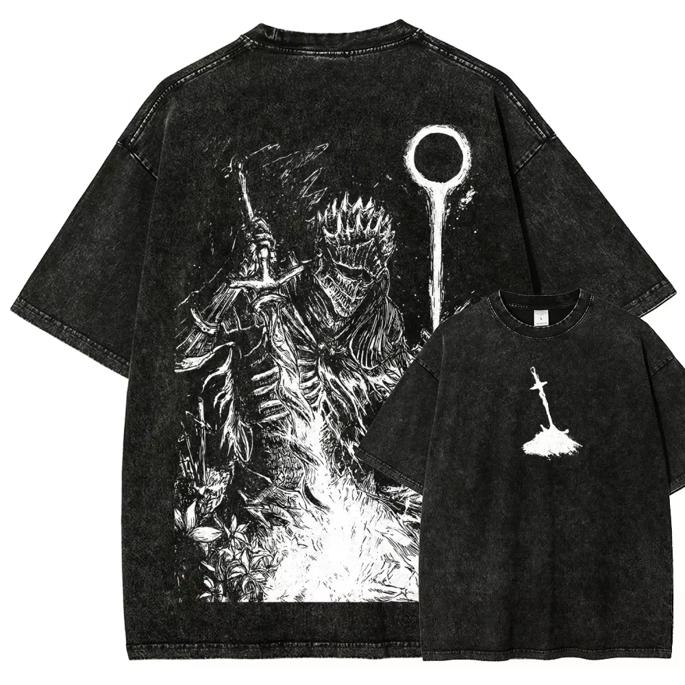 Classic Action Role-playing Game Dark Souls Peripherals Print T-shirt Street Harajuku Men Women Oversized Unisex Couples Vintage view 3