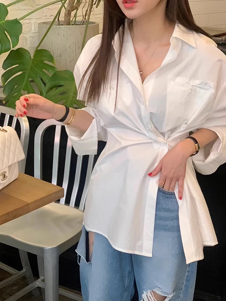 

Шикарная осенняя женская рубашка с длинным рукавом, приталенного кроя, с отложным воротником, асимметричной застежкой на пуговицах, с эффектом утяжки на талии, универсальная