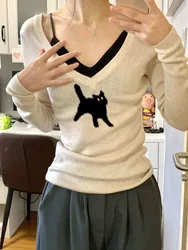 Beige Knitted Tops Women Deeptown Y2K Coquette Cat Gyaru Slim Long Sleeve Tshirts Vintage Korean Style Pullovers Acubi Fashion