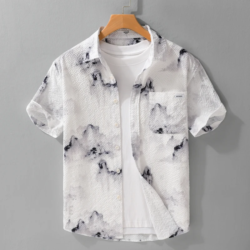 

Ice Silk ort Sve irt Men's Loose Casual New Chinese Sle Feng ui Ink Mountain Lacape Painting irt Faion Urba...