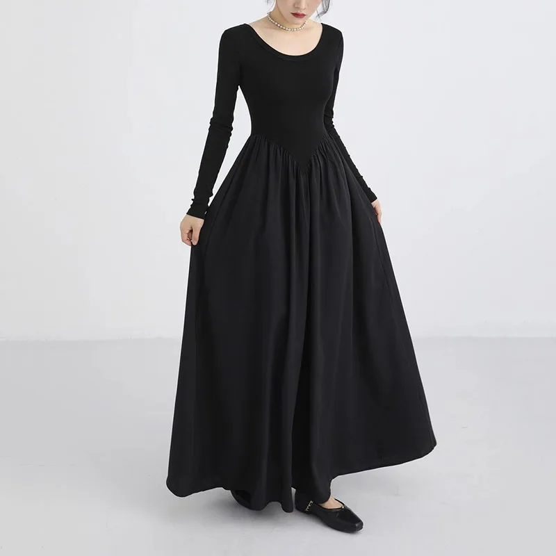 الكورية الخصر النحيف فساتين طويلة للنساء النمط الفرنسي المرقعة فستان بكم طويل امرأة أنيقة بسيطة س الرقبة ألف خط فستان ميدي #5