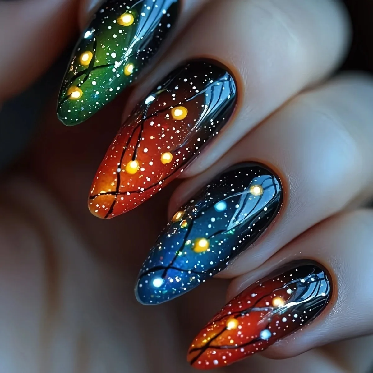 24pcs/set Medium long fake nails for women girls sparkling starry sky gradient rainbow colors Y2K tips press on false nail art