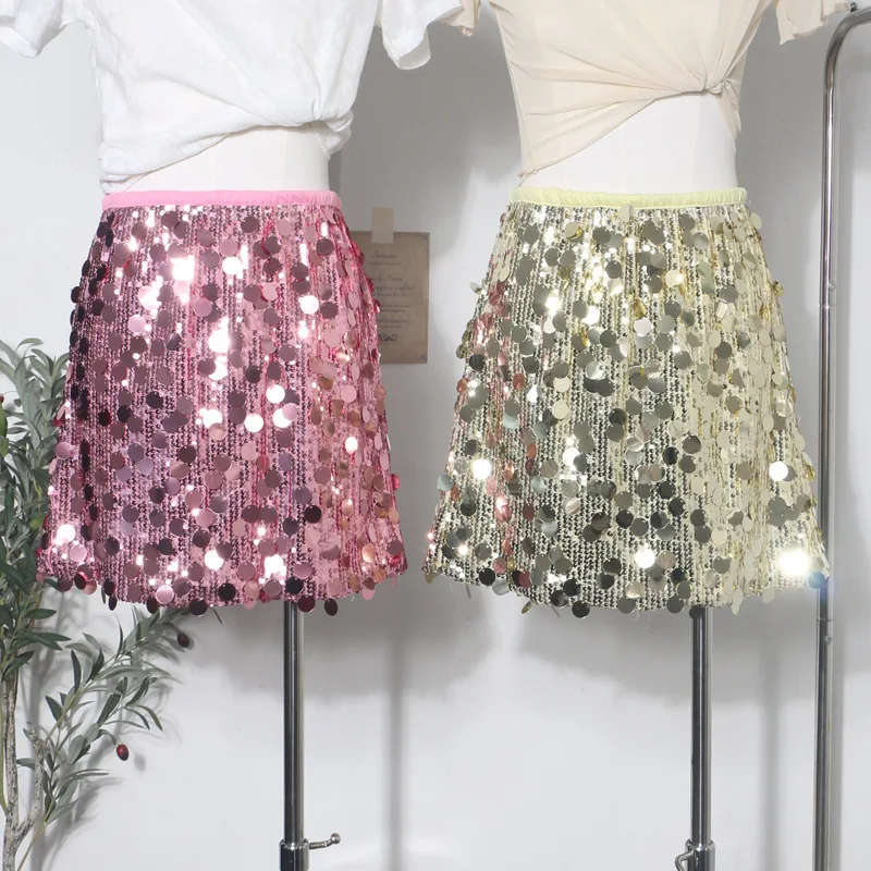 

Новинка 2026, женские эластичные сверкающие вечерние юбки с высокой талией и блестками Spice Girl, A-word, завернутые на бедрах
