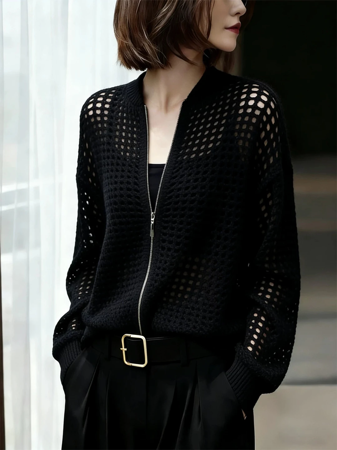 

Minimalist Ice Silk Knitted Long Sleeve Zipper Hollow out Women's Top Fashionable Versatile Summer Sun Protection Commute Style