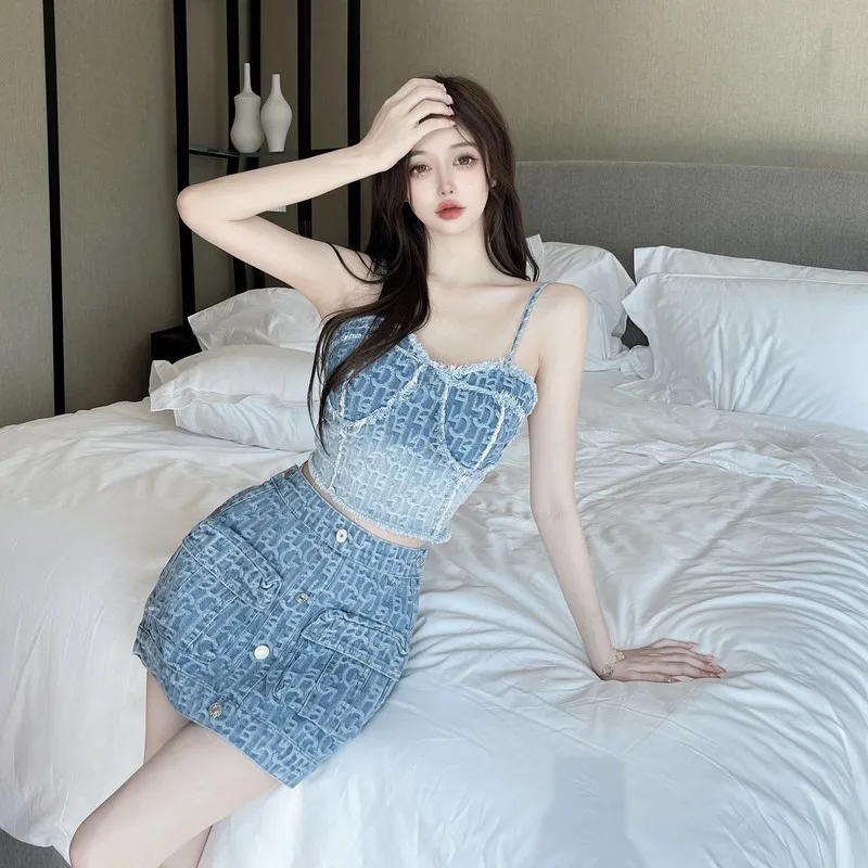 Hotsweet Fashion Suits Short Gradient Blue Camisole Vest Crop Top High Waist A-line Denim Skirt Summer Women's Two-piece Set