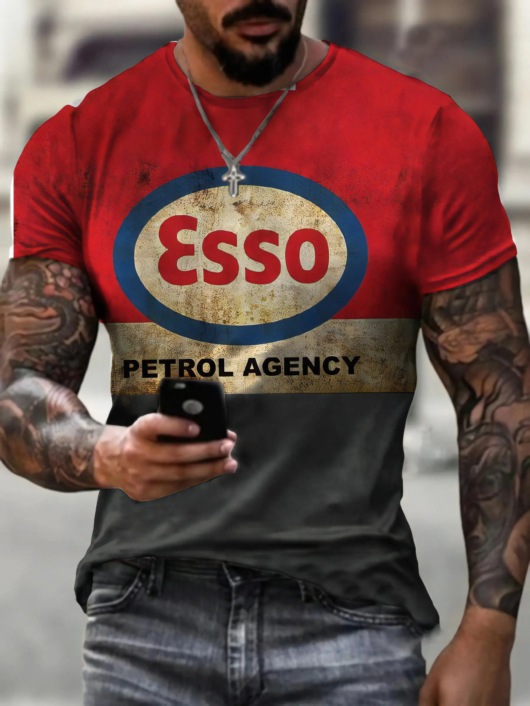 2026 Retro-Style Herren Kurzarm-T-Shirts mit Esso-Grafik, Rundhals-Streetwear-T-Shirt, 3D-gedrucktes amerikanisches T-Shirt, Camiseta