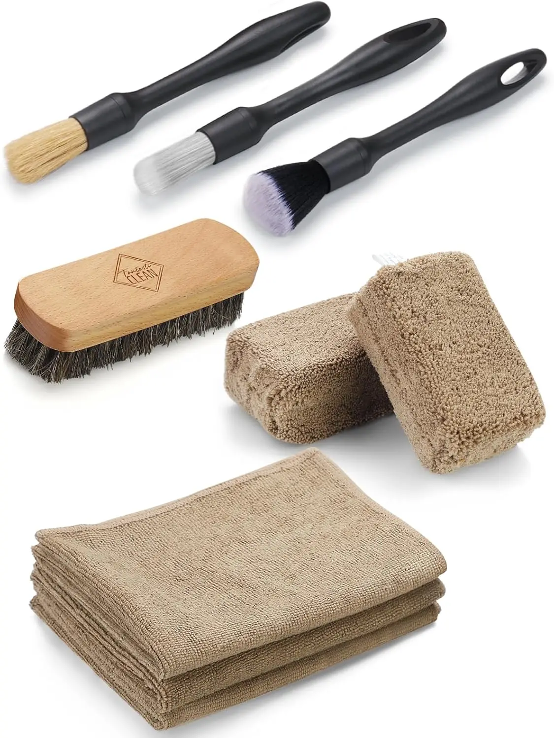 

9PCS Car Interior Detailing Set, Microfiber Cloth & Applicator, Single-Head Detailing Brushes, Natural Bristles, S