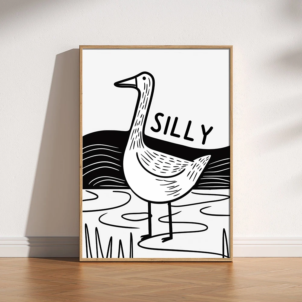 Silly Goose Print Fun Hand Drawn Goose Poster Humour Cheeky Gift Doodle Retro Minimalist Illustration Kids Bedroom Animal Poster