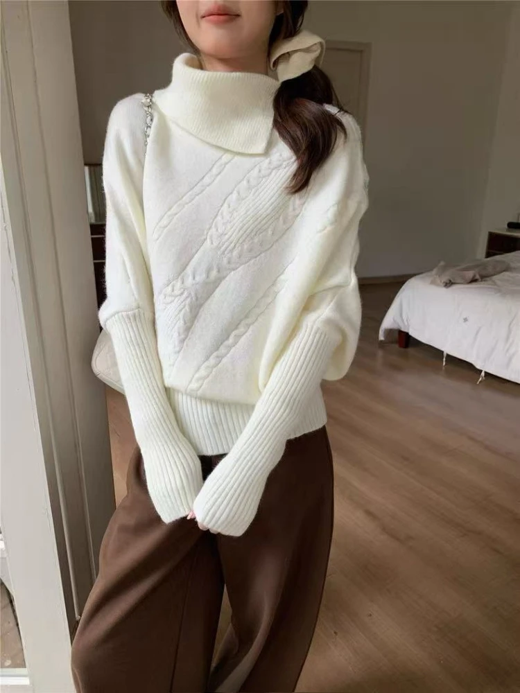 

Harajuku модный дизайн вязаный свободный топ женский асимметричный воротник повседневный свитер корейский элегантный теплый низ одежды 2025 новинка