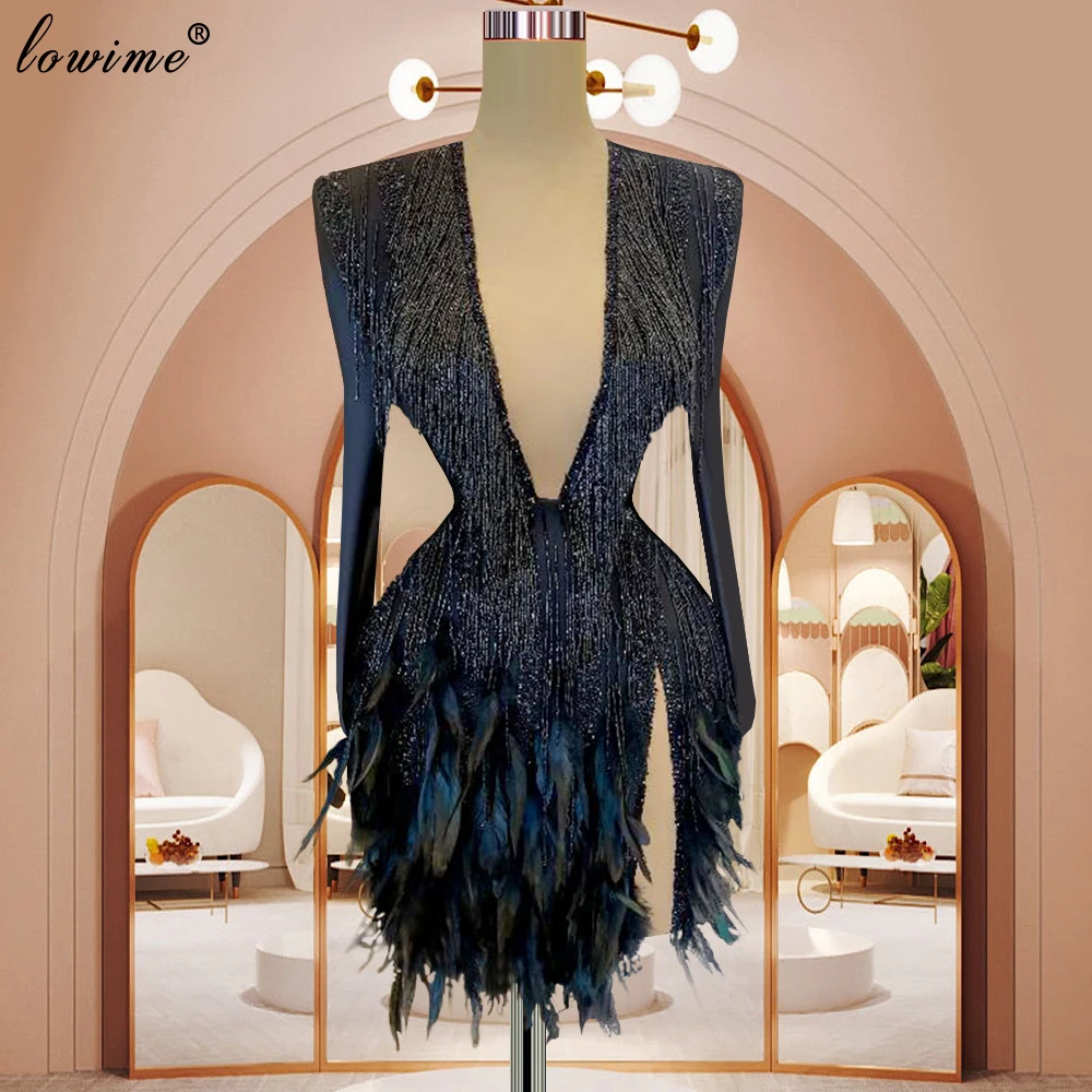 Sexy Black Mini Prom Dresses With Feathers Deep V-Neck Dance Performance Dresses Evening Cocktail Dresses Vestidos De Noche