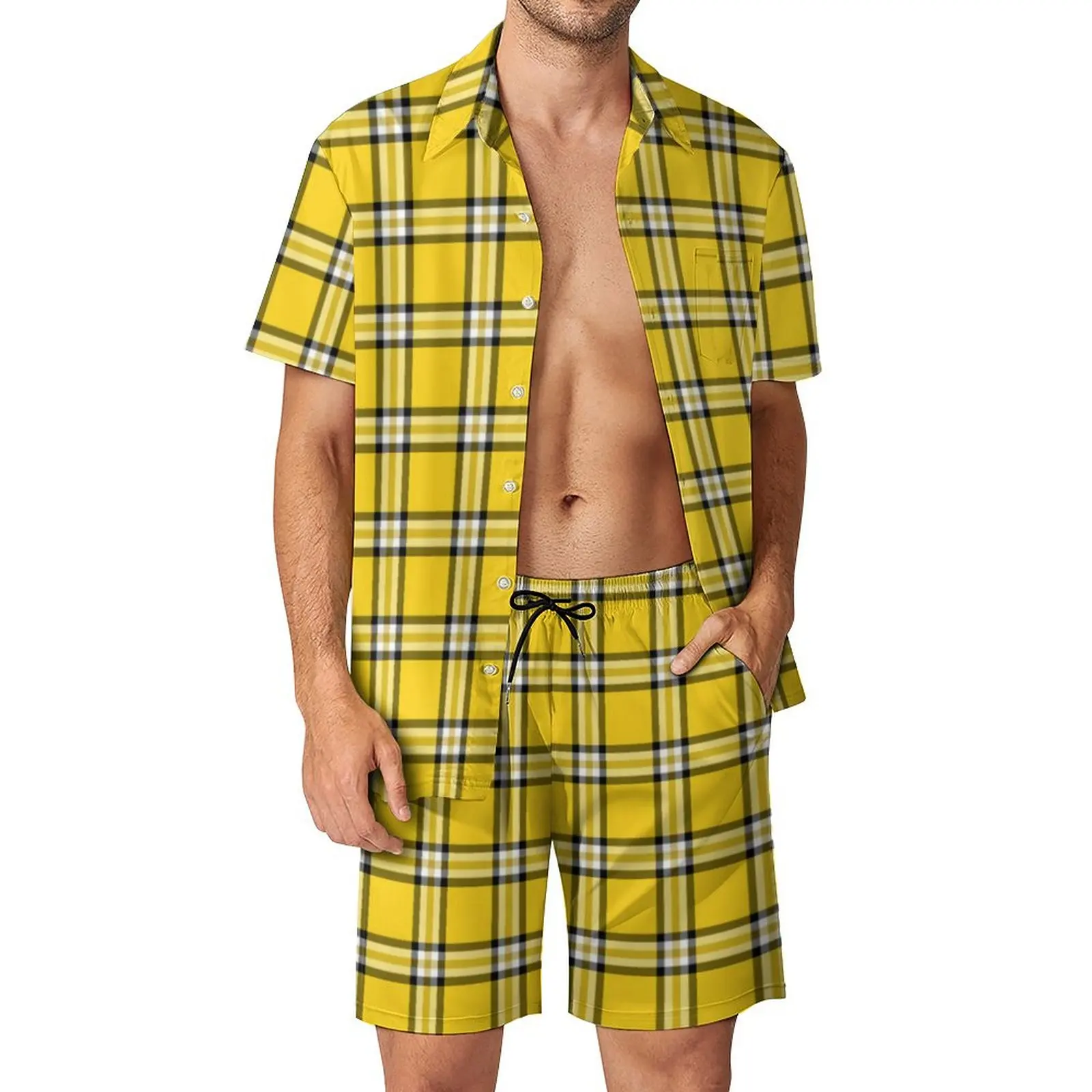 Yellow Plaid Men Sets Black Lines Print Casual Shirt Set Hawaiian Beach Shorts Summer Design Suit 2 Piece Clothes Large Size