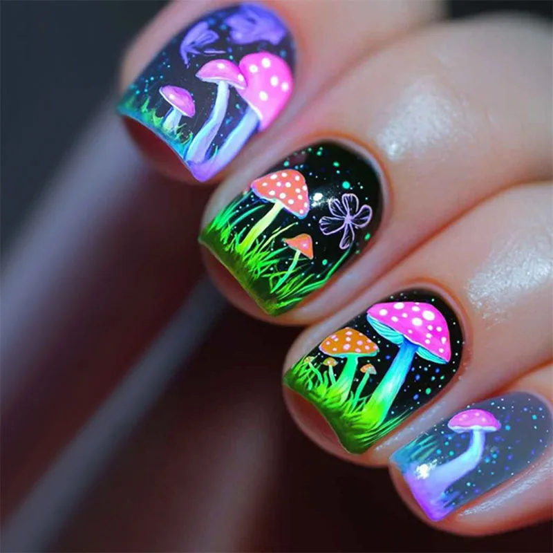 

24Pcs Short Square Press on Nails - Purple & Orange Mushrooms with Green Grass | Fantasy Forest Glitter & Starry Sky Design