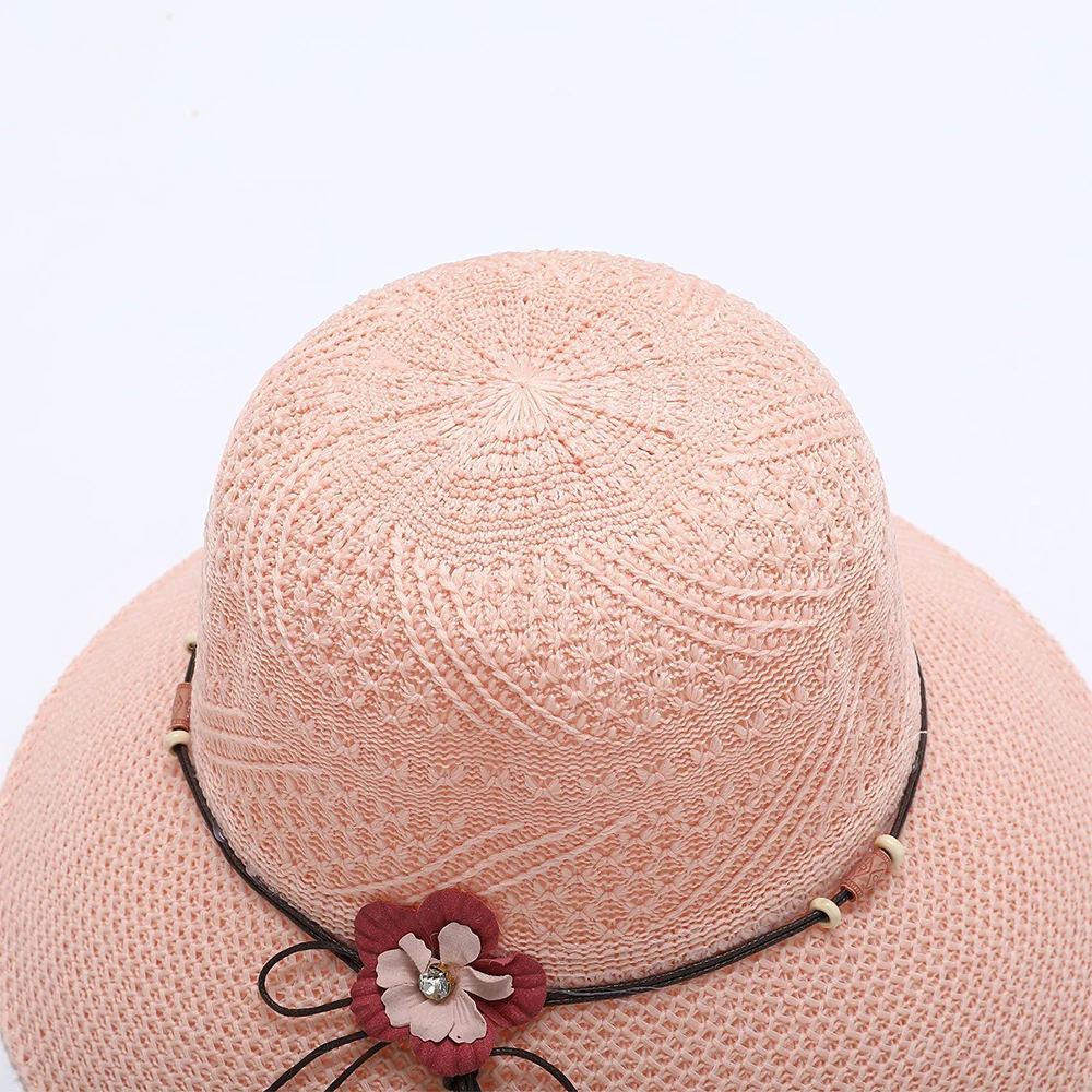 2024 Summer Women Bow Flowers Straw Hat Outdoor Sun Sunscreen Collapsible Beach Hat