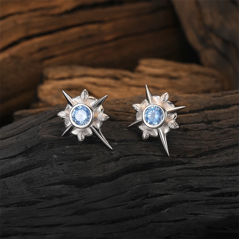 

925 Sterling Silver Exquisite Blue Zircon Six-pointed Star Stud Earrings for Women Fashion Simple Party Jewelry Gift