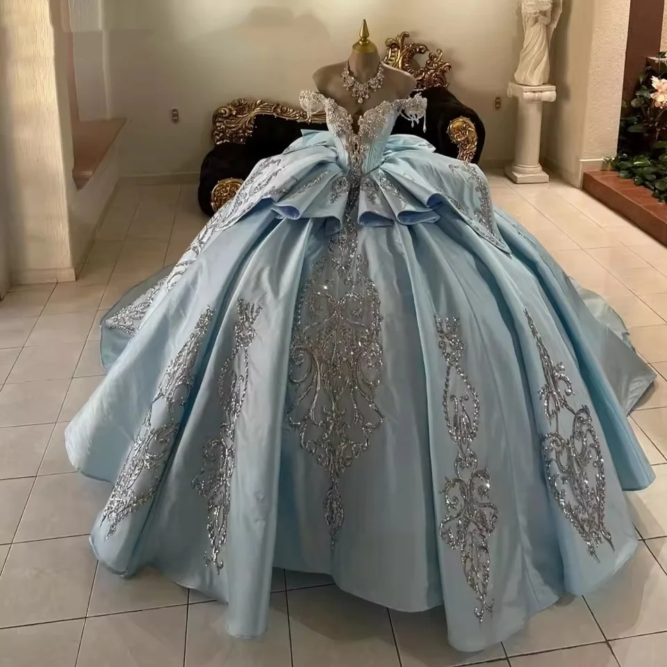 Vestido de Quinceañera Azul Celeste Personalizado, Vestido de Gala con Lentejuelas, Apliques de Encaje, Cuentas y Lazo, Vestidos de 15 Años para Fiesta de Cumpleaños