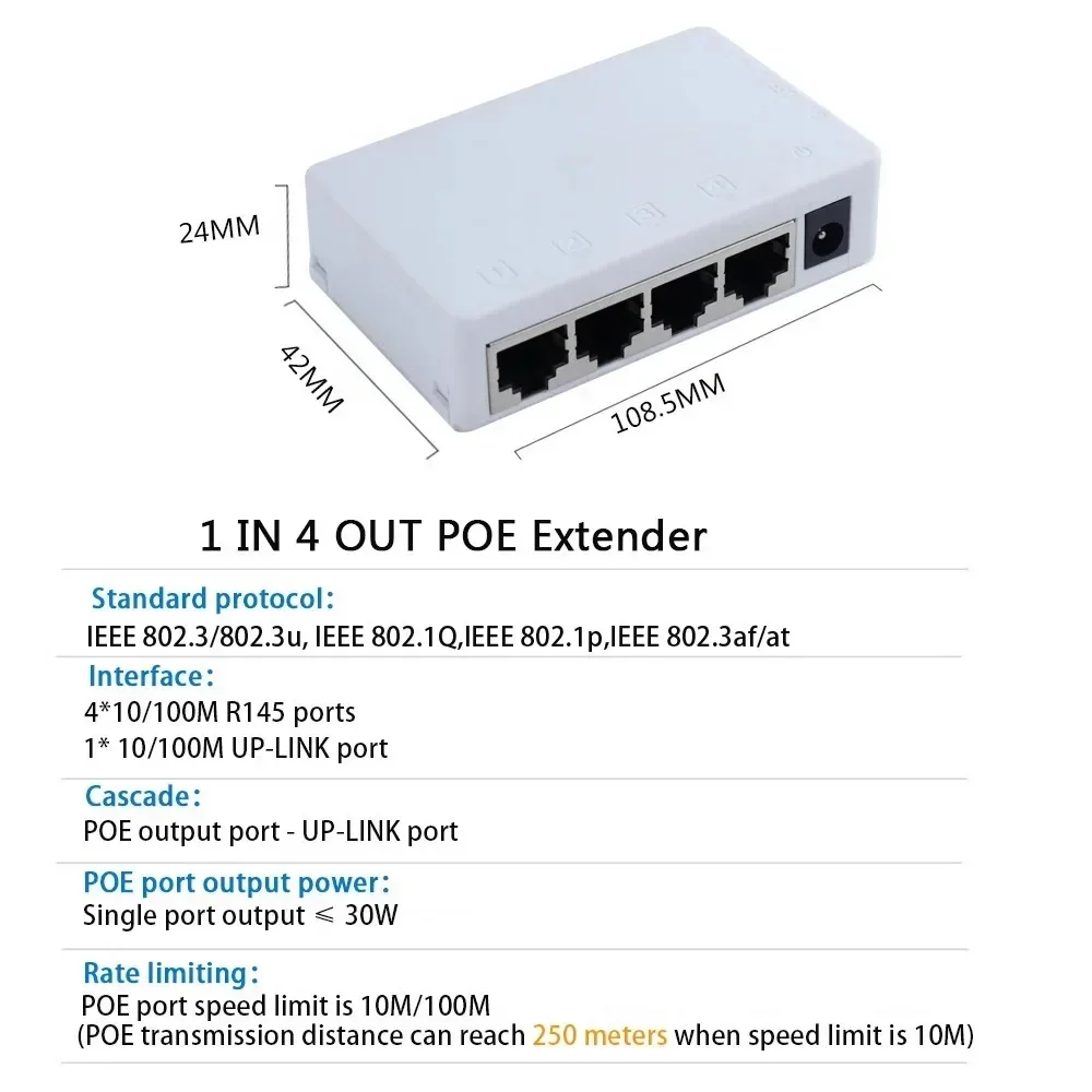 HUI-Tenda 10/100 Mbit/s PoE Extender 2/4 Ports POE Repeater IEEE 802.3af/at Standard 250 Meter Plug&Play für PoE Switch IP Kamera