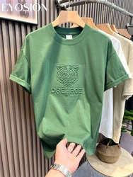 Summer New Men's T-Shirt Short-Sleeved O-Neck 3D Letter Tiger Printed Washed Old Retro Pure Cotton Loose Couples Casual Top Tee
