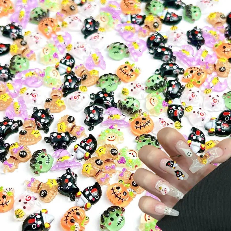 50pcs Kawaii Resin Pumpkin Monster Angel Ghost Nail Charms Cartoon Magic Hat Halloween Series Nail Art Decoration for Making DIY