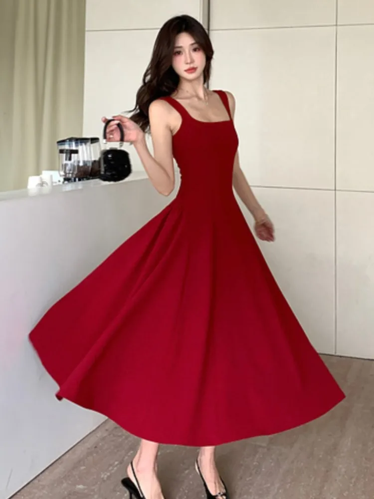 

Women's Elegant Red Evening Dresses Sleeveless Wedding Guest Dress Spaghetti Strap A-Line White Party Female Prom gown Vestidos