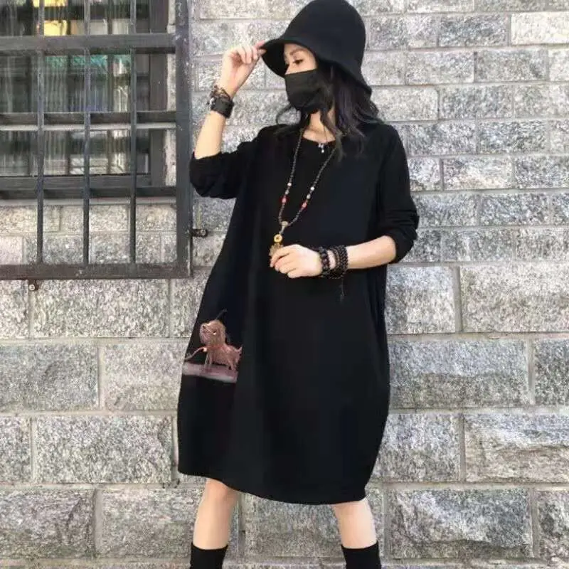 Women Autumn Winter Fashion Loose Printing O-neck Long Sleeve Fleece Sweatshirts Women Clothes Simplicity Appear Thin Midi Dress