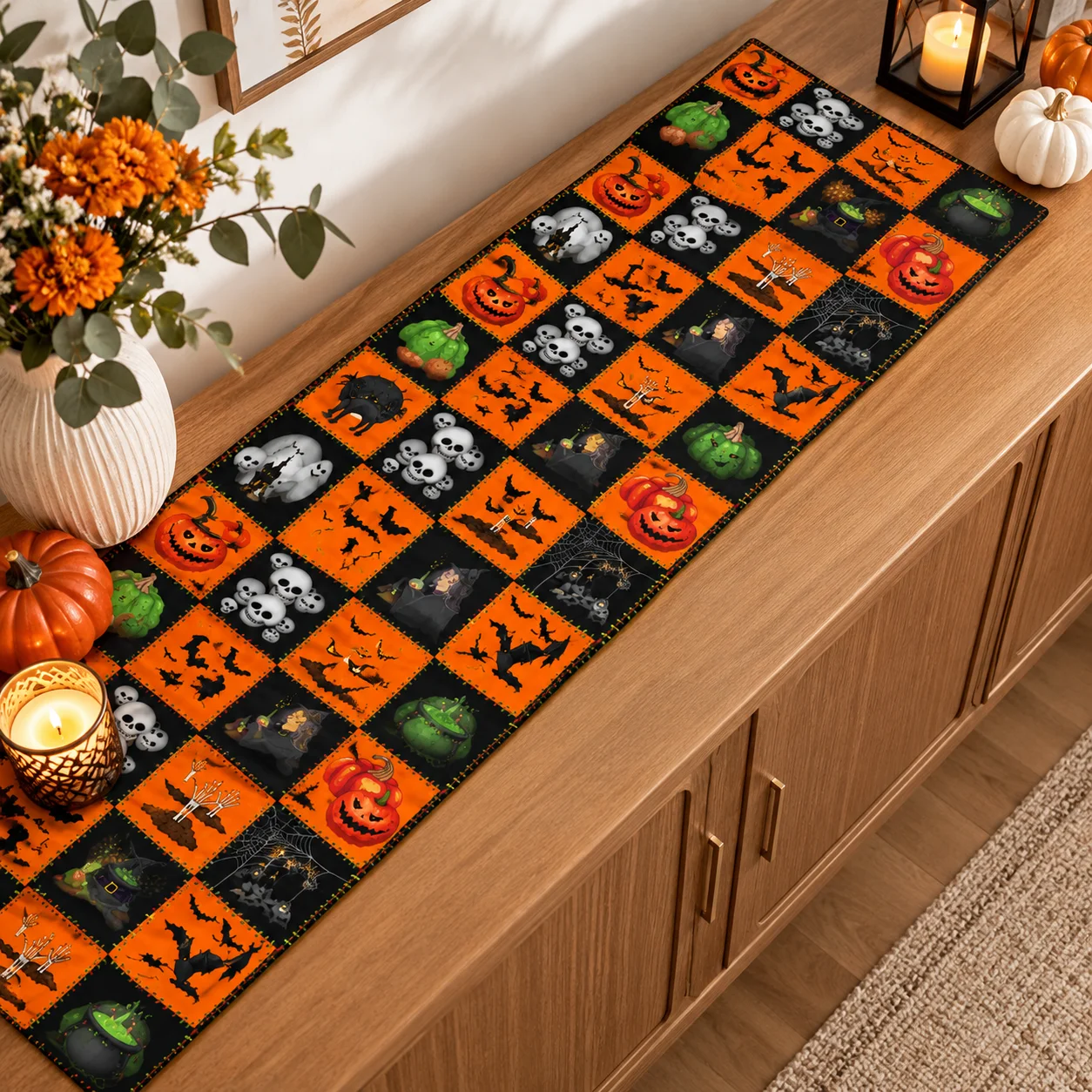 Happy Halloween Hashanah Pomegranate Line Table Runner Flowers & Birds Home Decor Dia De Los Muertos Party Table Decoration