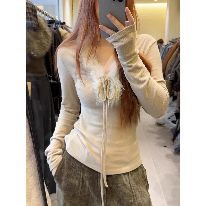 

YIBASHU Women's Khaki Y2k knitwear Vintage Harajuku Aesthetic Gyaru V-Neck Sweater Long Sleeve Oversize T-shirts 2000s Clothes