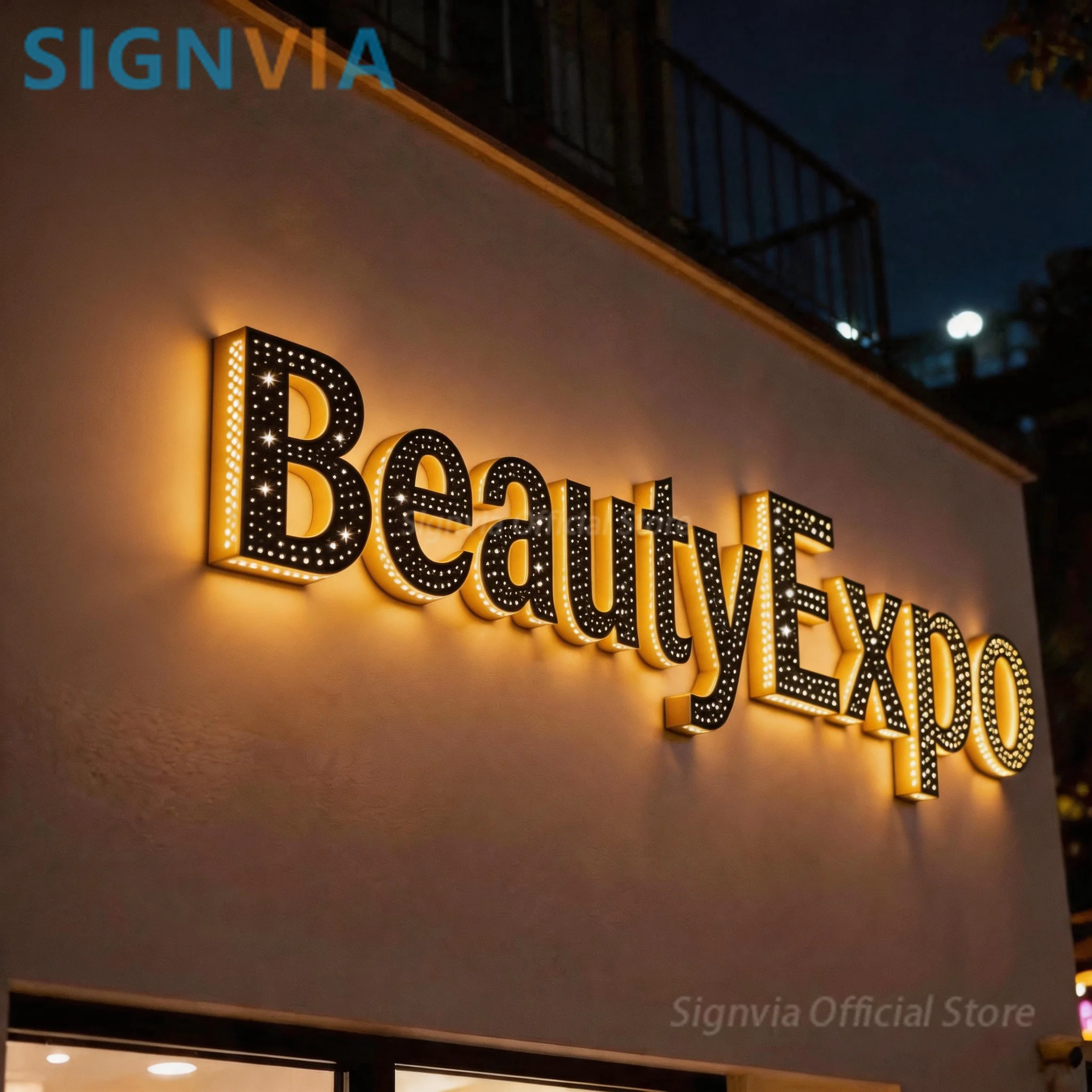 Shiny 3D LED Frontlit Sparkly Gold Metal Letter Sign, BeautyExpo Illuminated Logo Sign for Nail Salon Hair Spa Beauty Shop