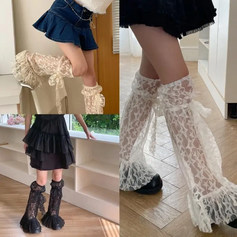 

L5YC Womens Star Leg Warmers Girls Japanese Lace Trim Leg Warmers Long Leg Socks Fashion-Lolita Boot Stockings
